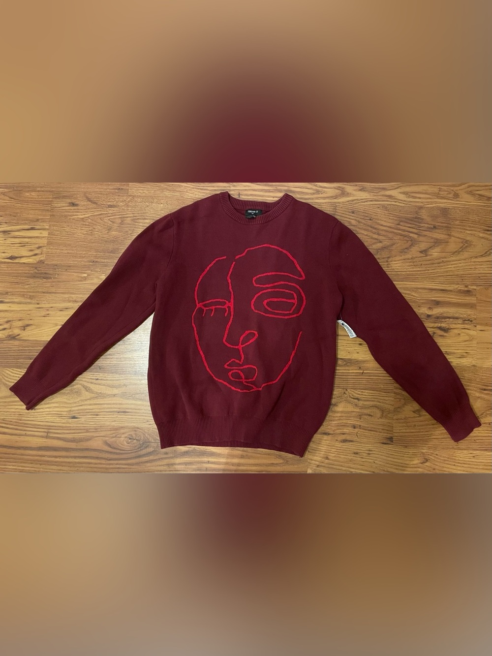 Forever 21 Men's Burgundy Crewneck Sweater with Red Abstract Face Line Graphic